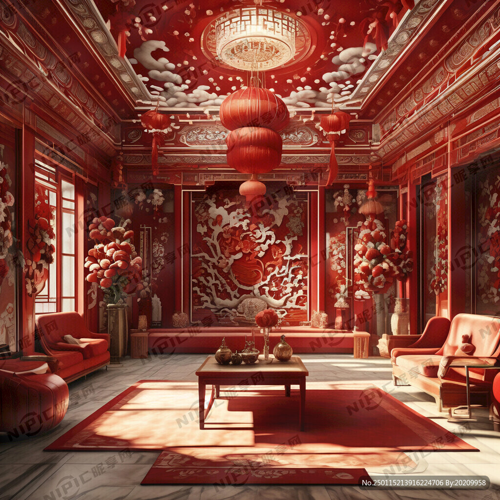 红色房间内有过年氛围 壁画装饰