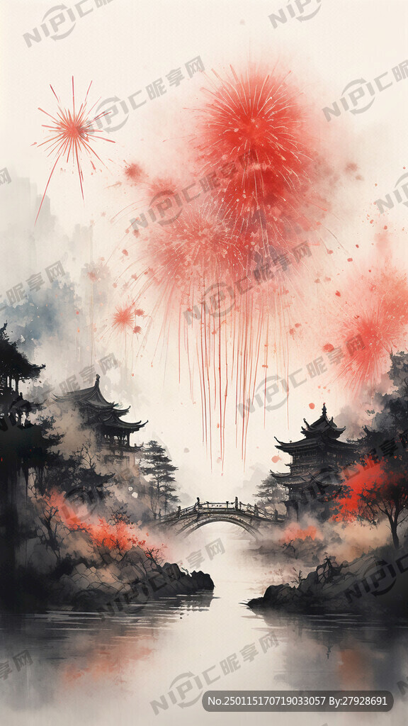 过年 烟花绽放 家家户户挂灯笼
