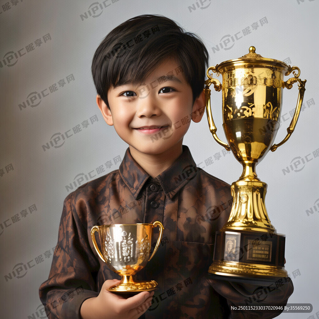 男孩手上拿着奖杯侧脸