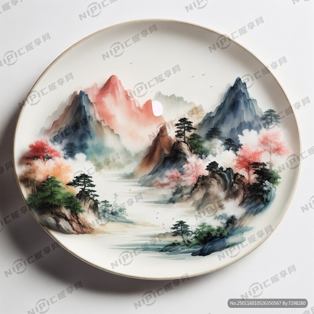 白色盘子上意境山水 色彩柔和