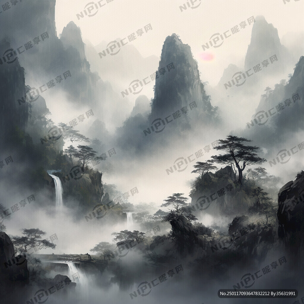 山谷 中国风 中国画 山水 。