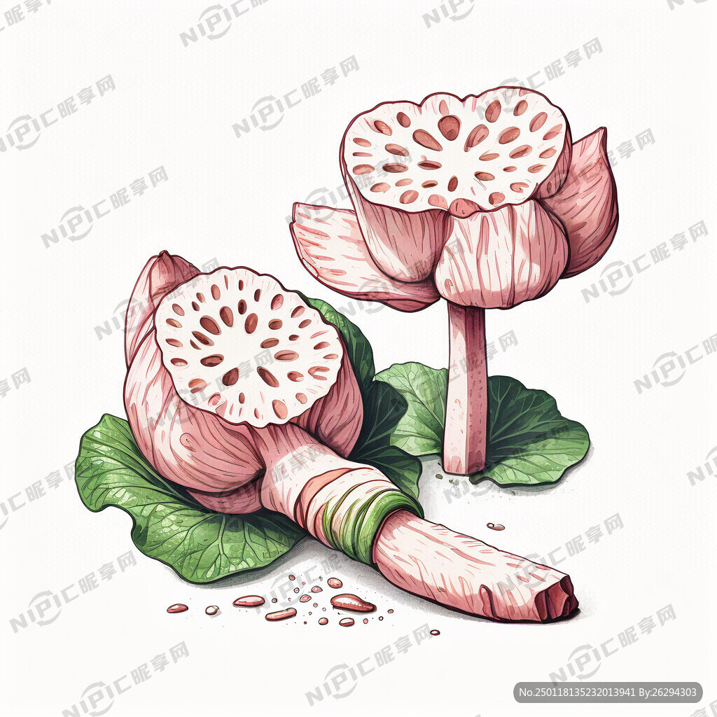 手绘两节莲藕 九孔藕 粉嫩新鲜