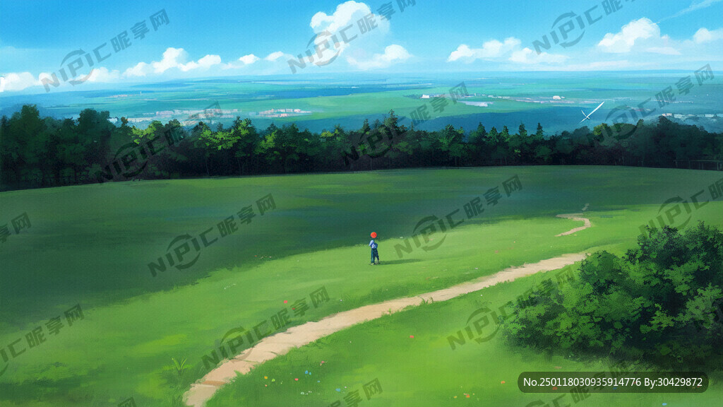 一群孩子在平原草地上 放风筝