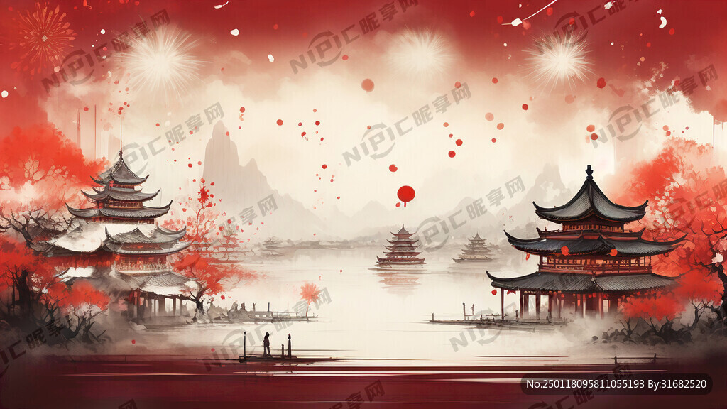 喜庆 红色 背景 古楼 灯笼