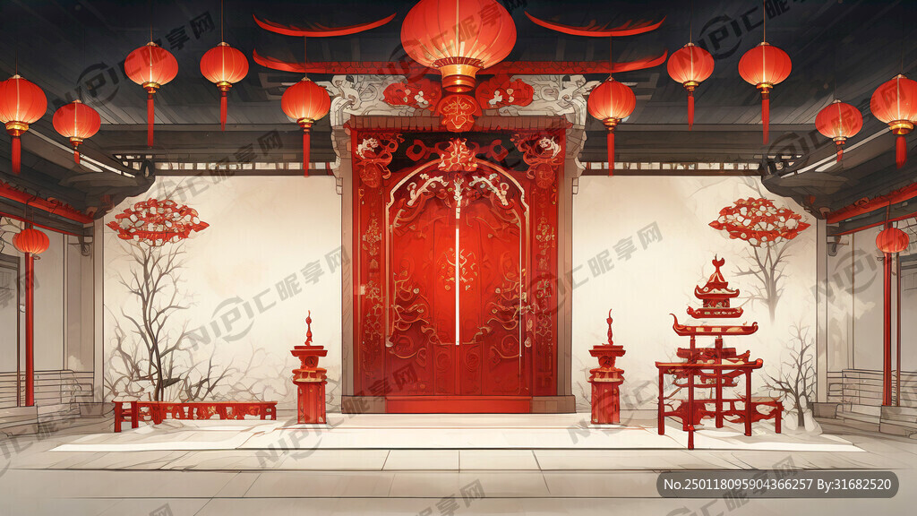 喜庆 红色 背景 古楼 灯笼
