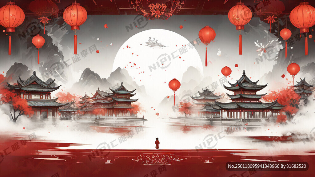 喜庆 红色 背景 古楼 灯笼