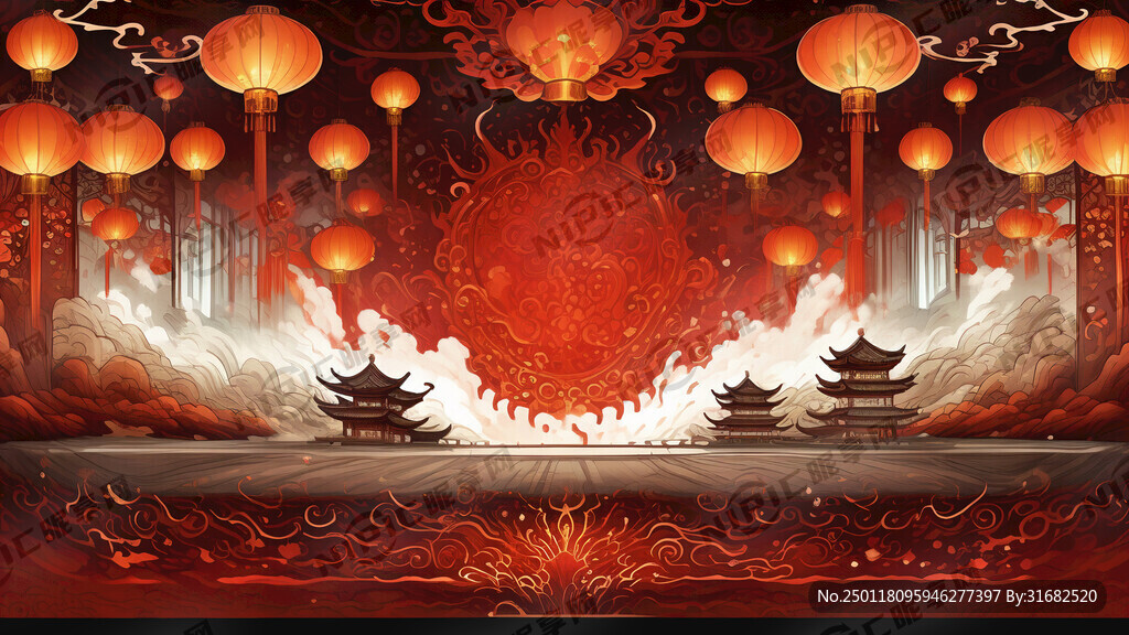喜庆 红色 背景 古楼 灯笼