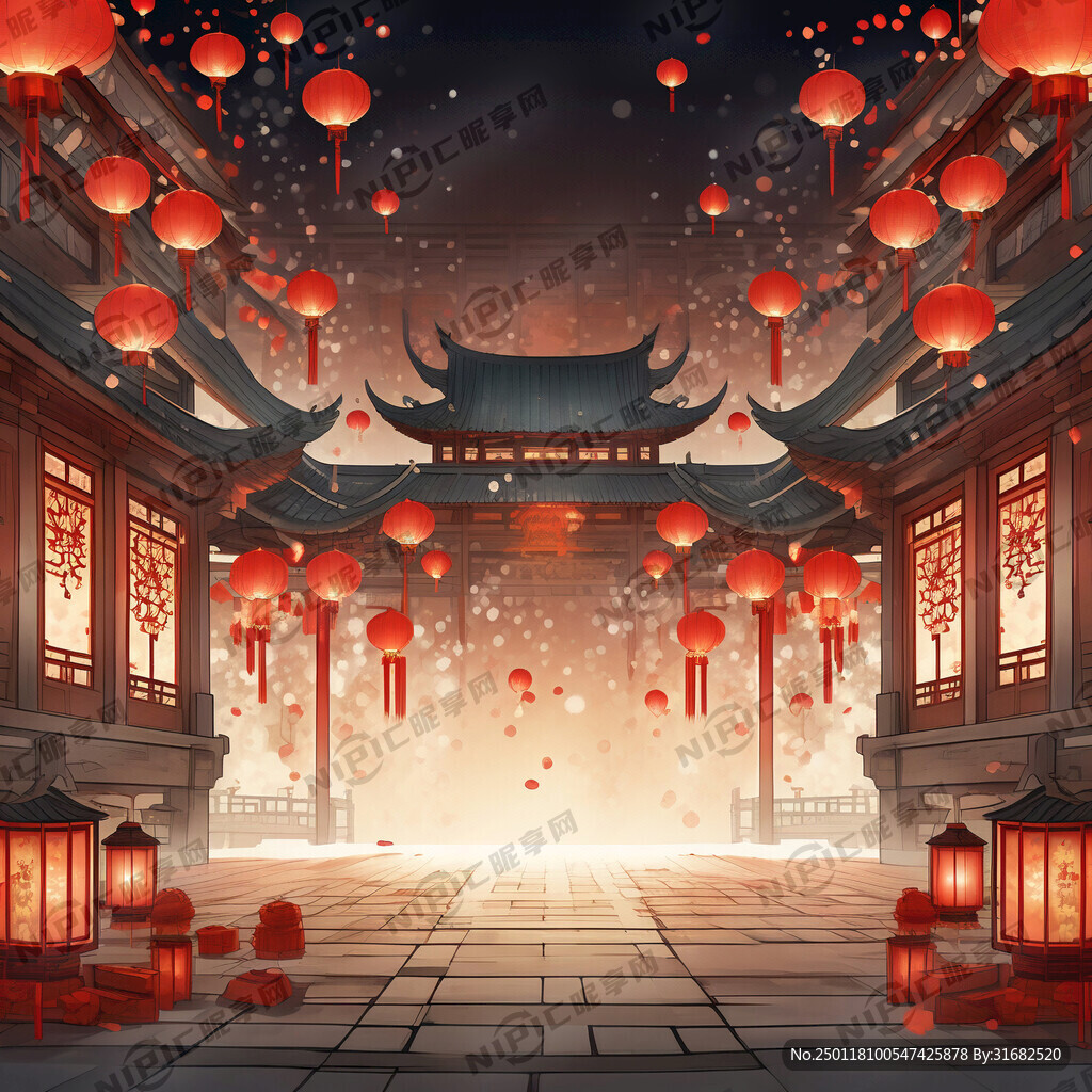 喜庆 红色 背景 古楼 灯笼