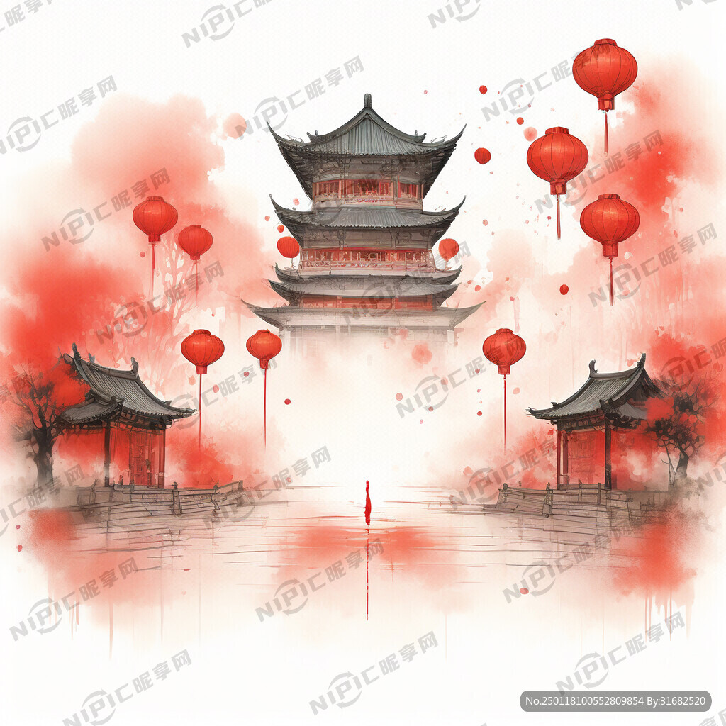 喜庆 红色 背景 古楼 灯笼