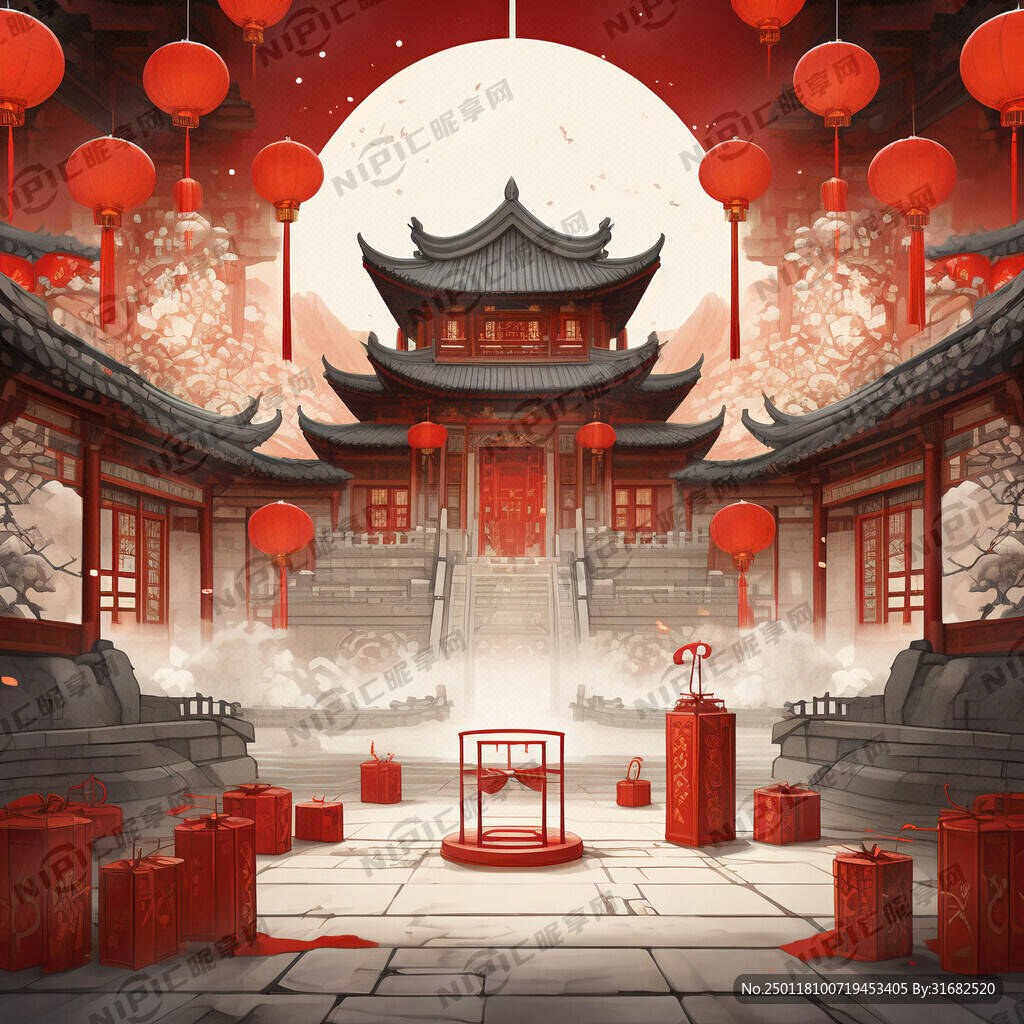 喜庆 红色 背景 古楼 灯笼