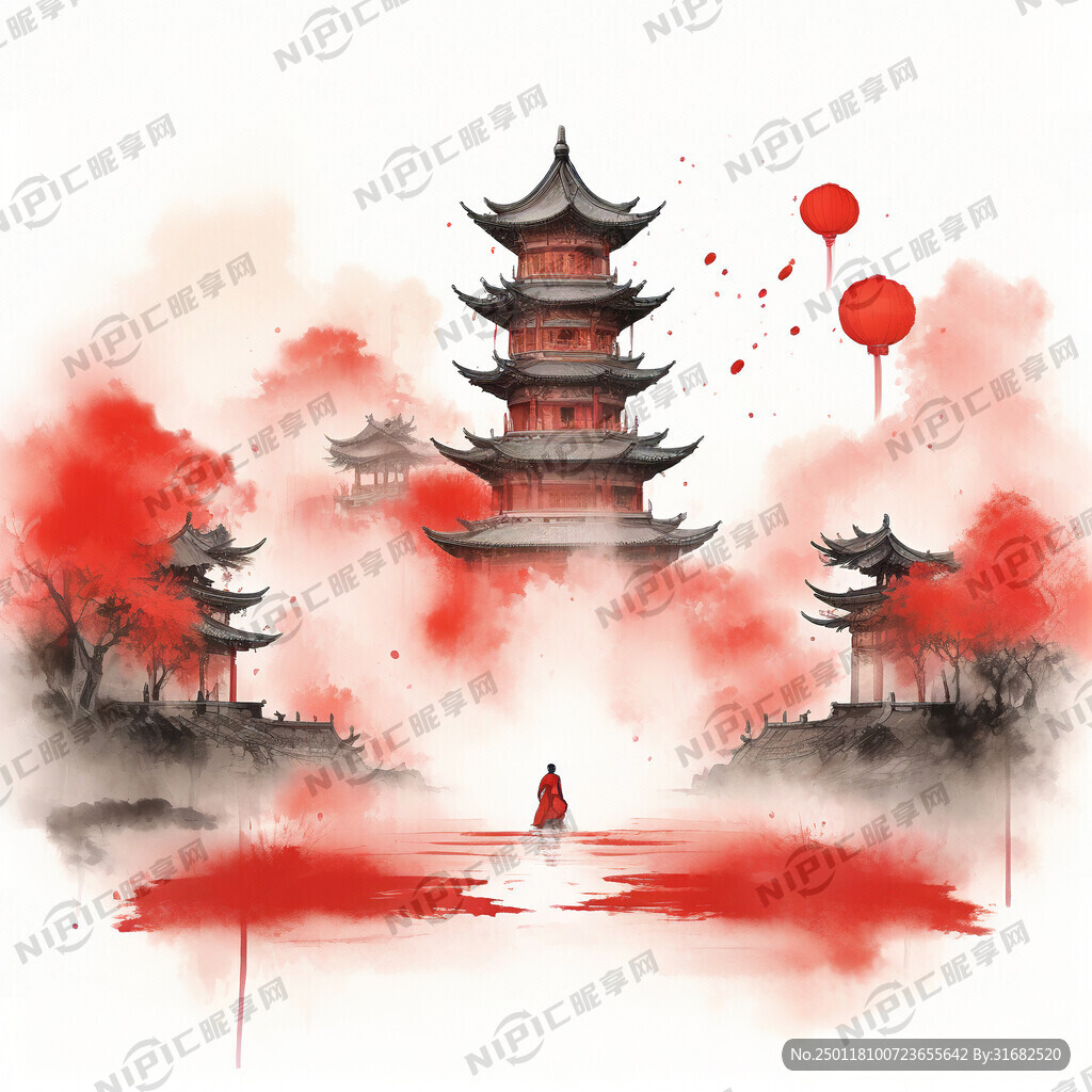 喜庆 红色 背景 古楼 灯笼