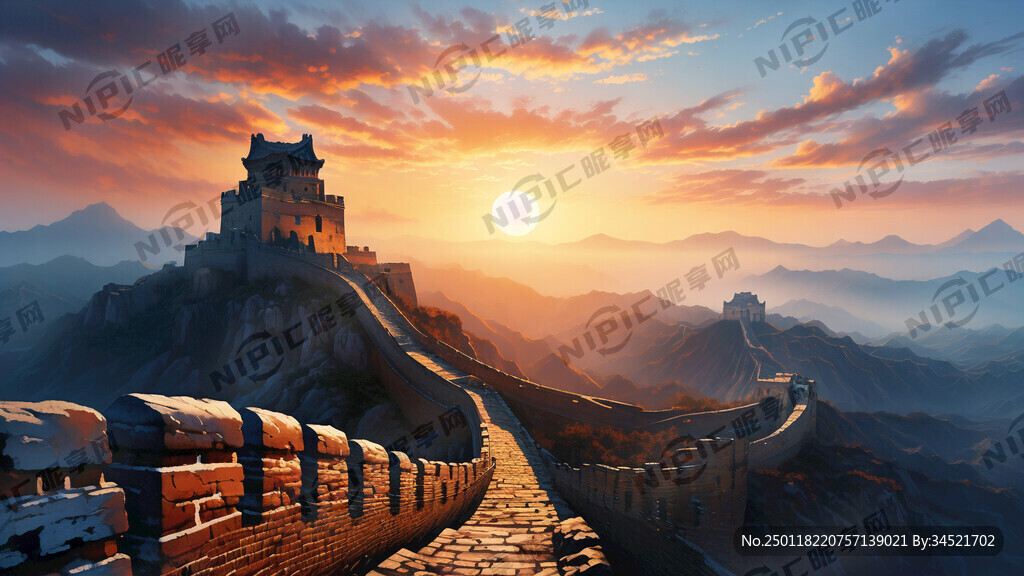 万里长城 日出 太阳大 太阳圆