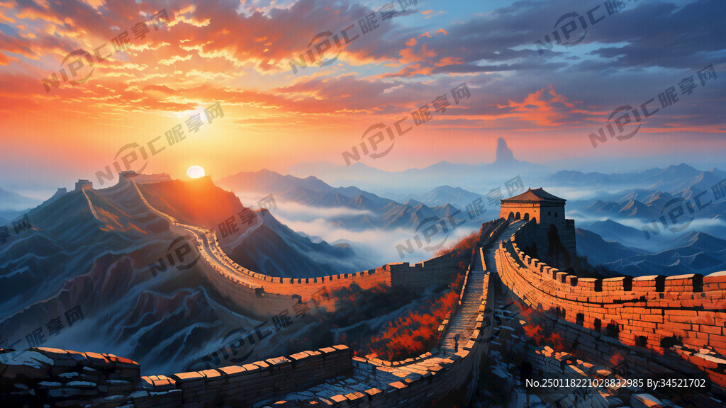 万里长城 日出 太阳大 太阳圆