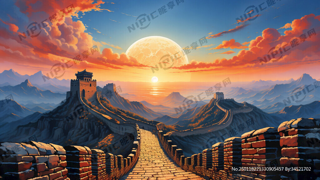 万里长城 日出 太阳大 太阳圆