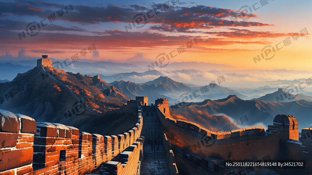 万里长城 日出 太阳圆 蓝色