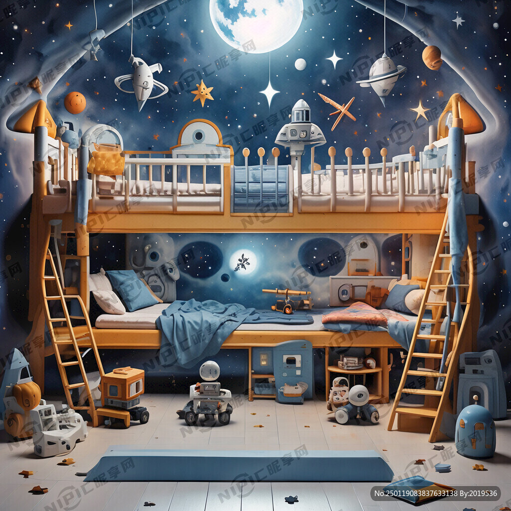 航天主题儿童卡通上下床