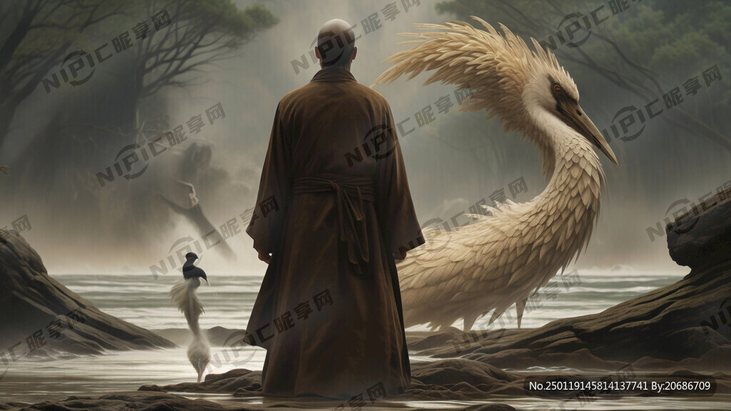 近景 一个站在岸边的和尚背影