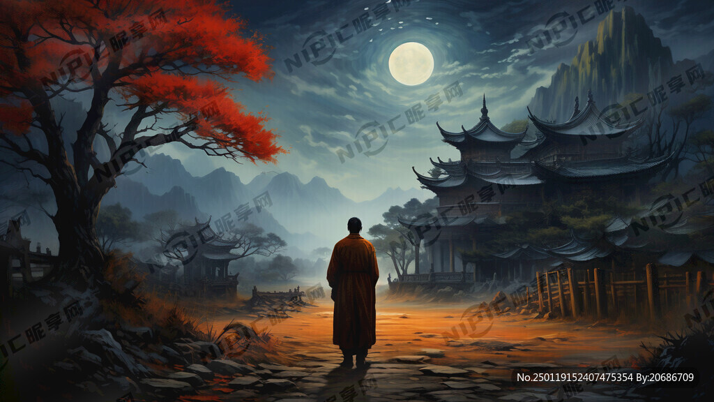 夜晚 一个和尚背影。