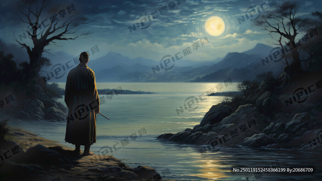 夜晚 岸边一个和尚背影。