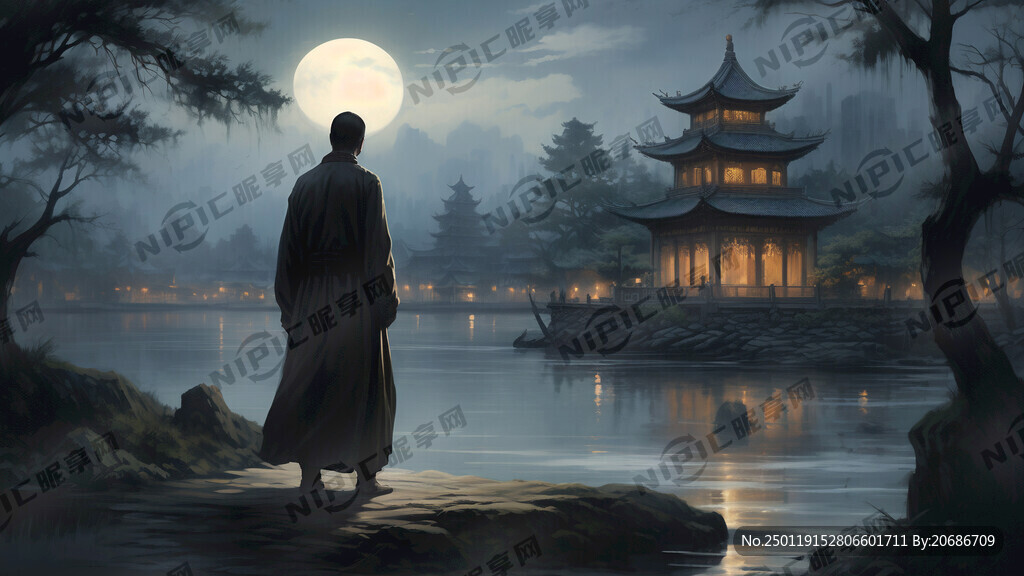 夜晚 岸边一个和尚背影。