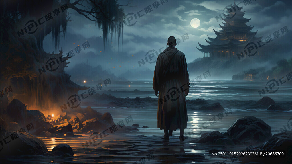 夜晚 岸边一个和尚背影。