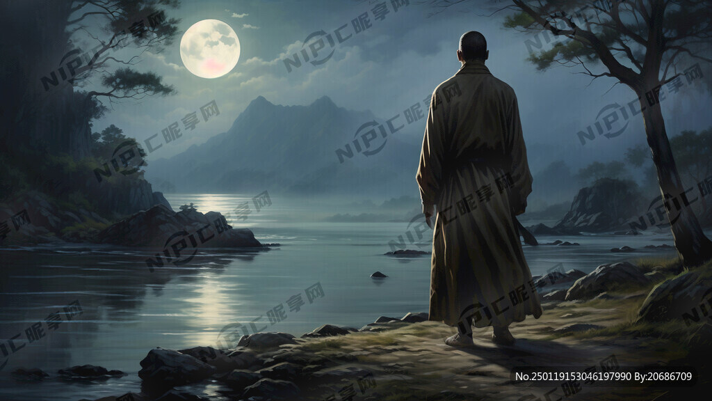 夜晚 岸边一个和尚背影。