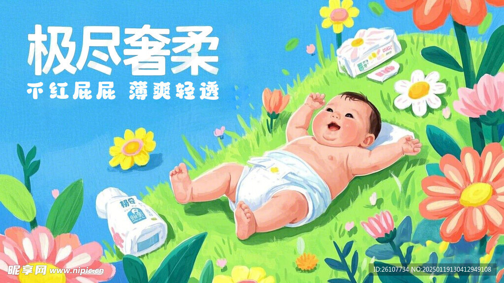 手绘风格尿不湿产品海报