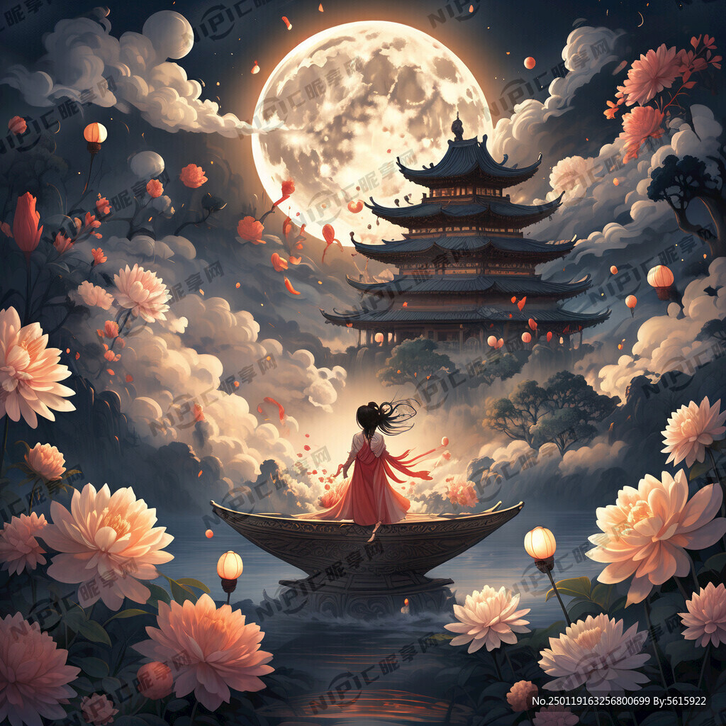 中秋佳节 月满 花圆 嫦娥奔月