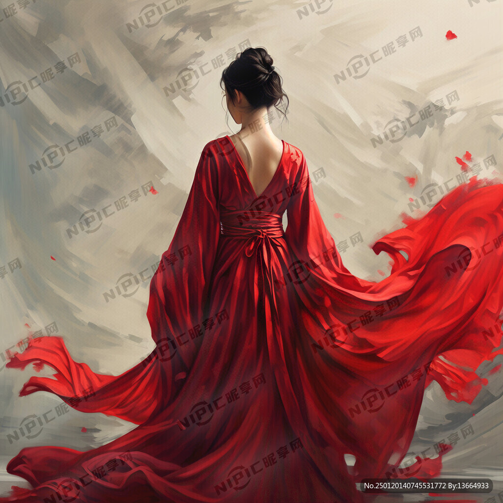 红色长袍 女人 背影 纯色背景