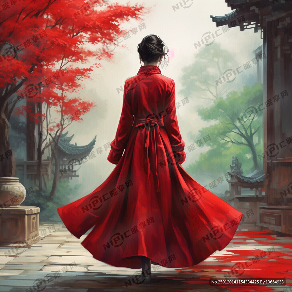 红色外套 女人 背影 纯色背景