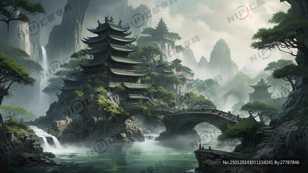 古风仙境楼阁树林绿色树林暗影带
