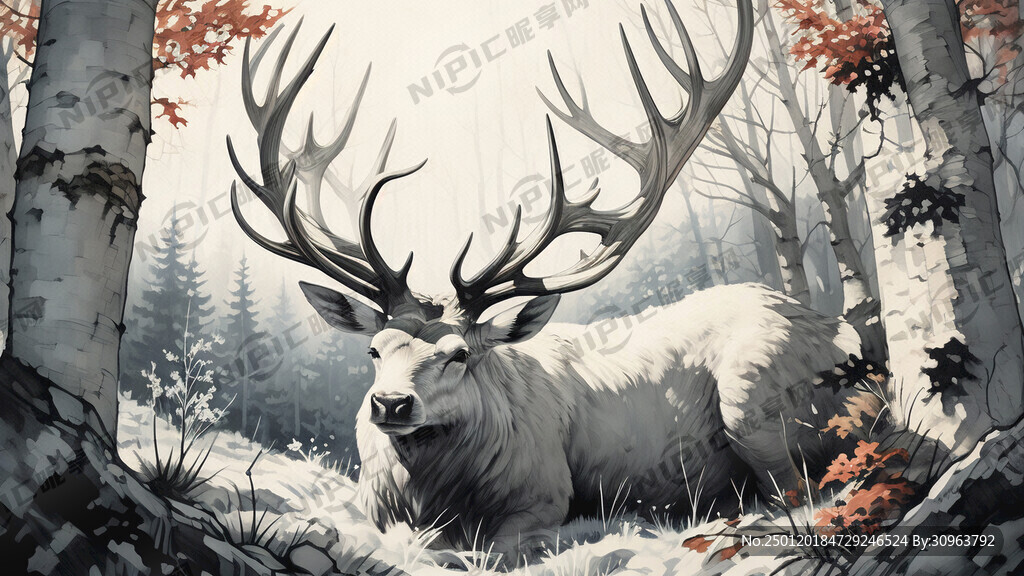 鹿角  白桦树  素描