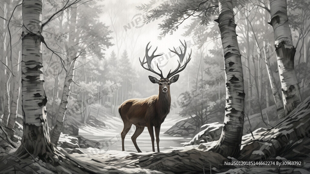 鹿  白桦树  铅笔画