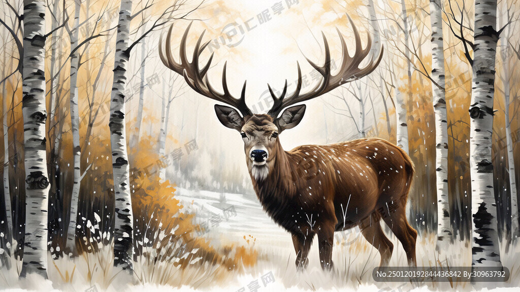 用白桦树枝画一头鹿