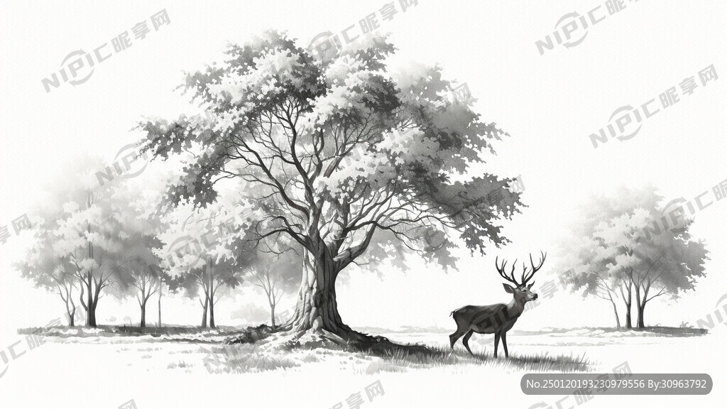 白桦树 一头鹿 简笔画