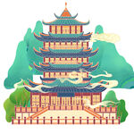 国潮手绘古典建筑与祥云