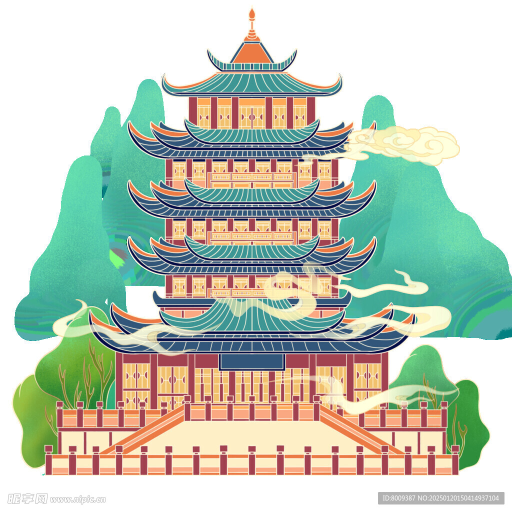 国潮手绘古典建筑与祥云