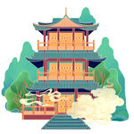 国潮手绘古典建筑与祥云