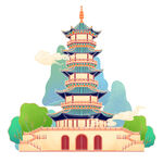 国潮手绘古典建筑与祥云