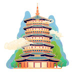 国潮手绘古典建筑与祥云