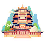 国潮手绘古典建筑与祥云