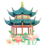 国潮手绘古典建筑凉亭与荷花