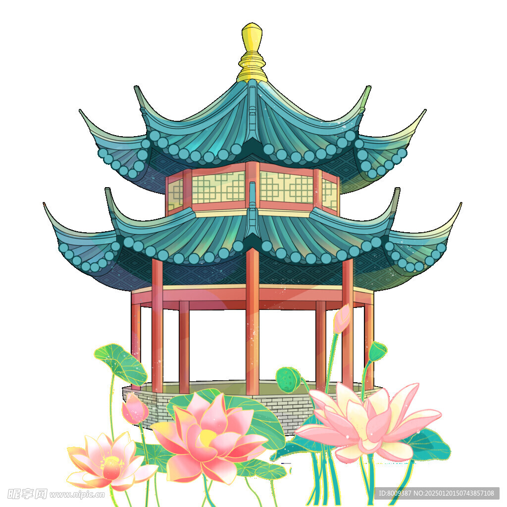 国潮手绘古典建筑凉亭与荷花
