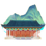 国潮手绘古典建筑与青山