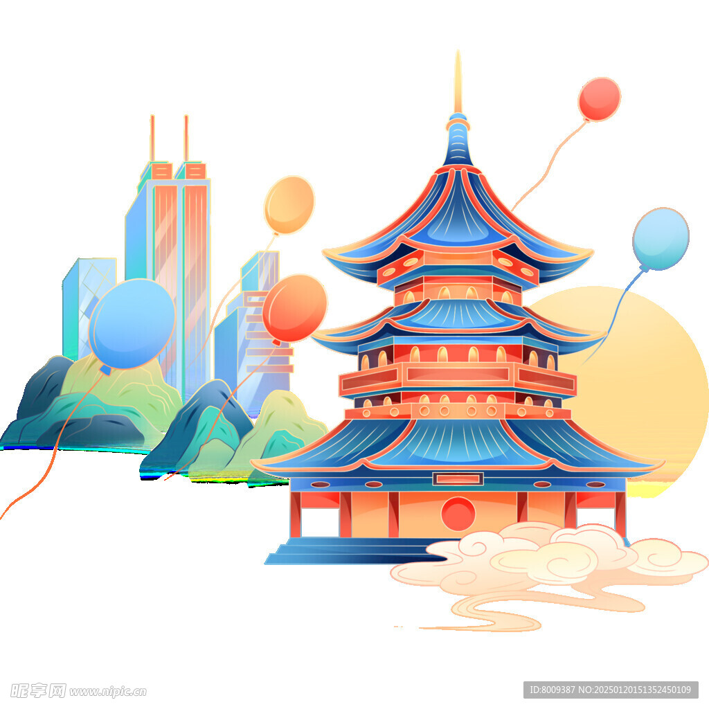 国潮手绘古典建筑与祥云
