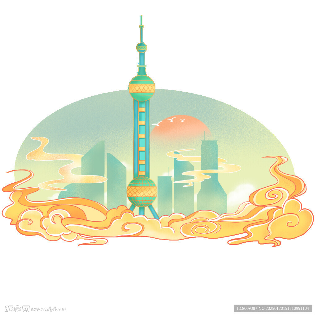 国潮手绘建筑与祥云红日