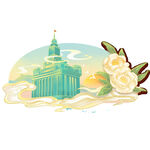 国潮手绘建筑与祥云花卉