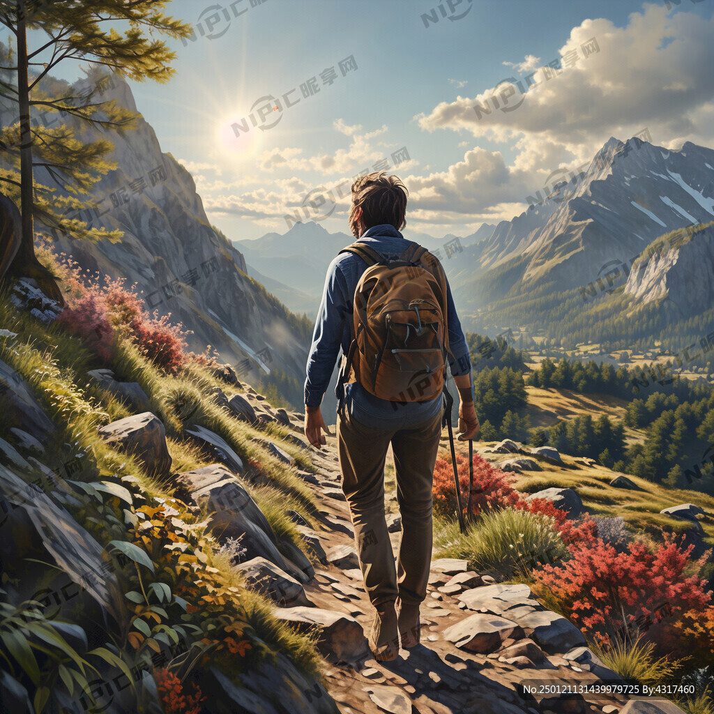 欧洲男背着背包在山上徒步旅行旅