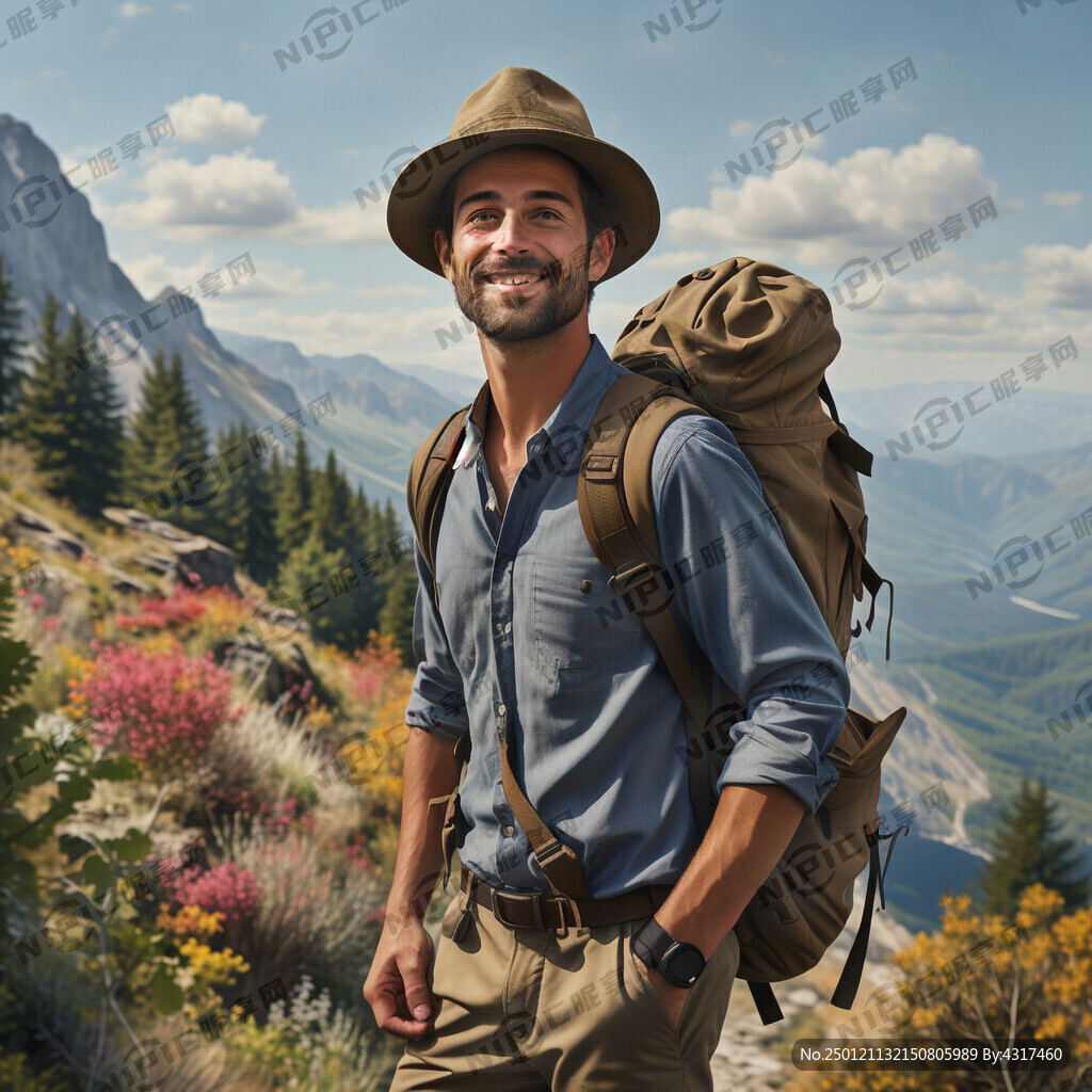 欧洲英俊男背着背包 带着帽子