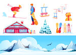 滑雪场场景与工具卡通插画